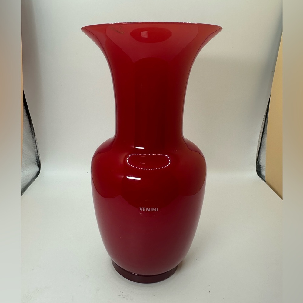 Venini 2008 Signed Italian Murano Opalino Red Art Glass Vase. Signed and Dated.